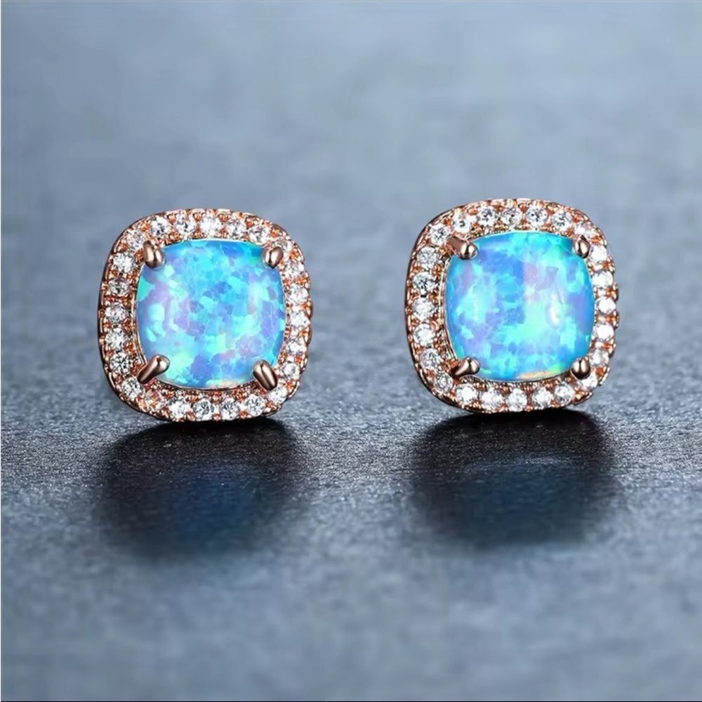 Blue Opal Rose Gold Diamond CZ Embellished Earrings Luxury New In Gift Box